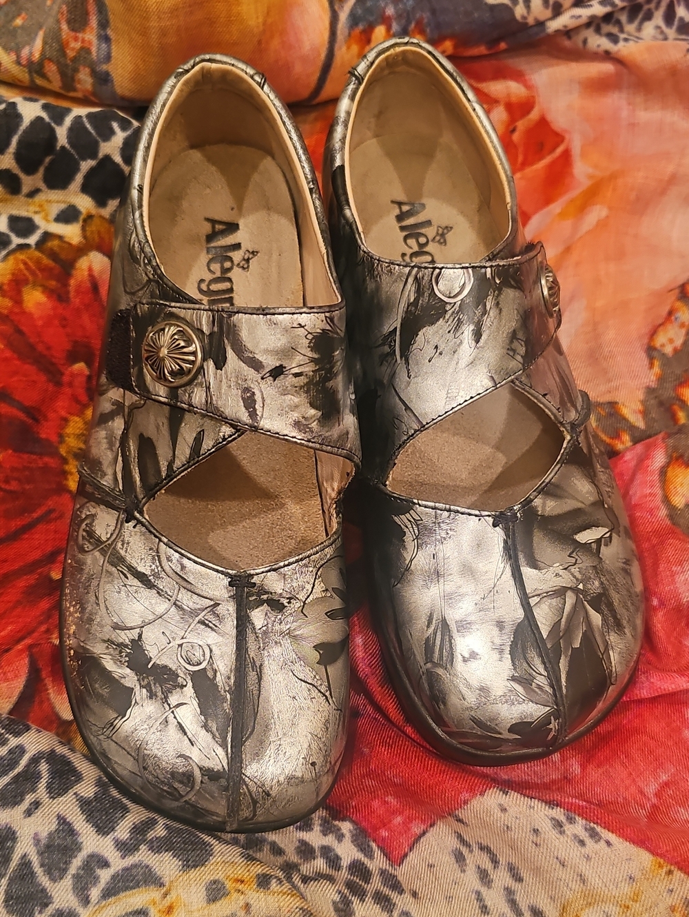 Alegria Silver Metallic Mary Jane Flats with Black Marbling